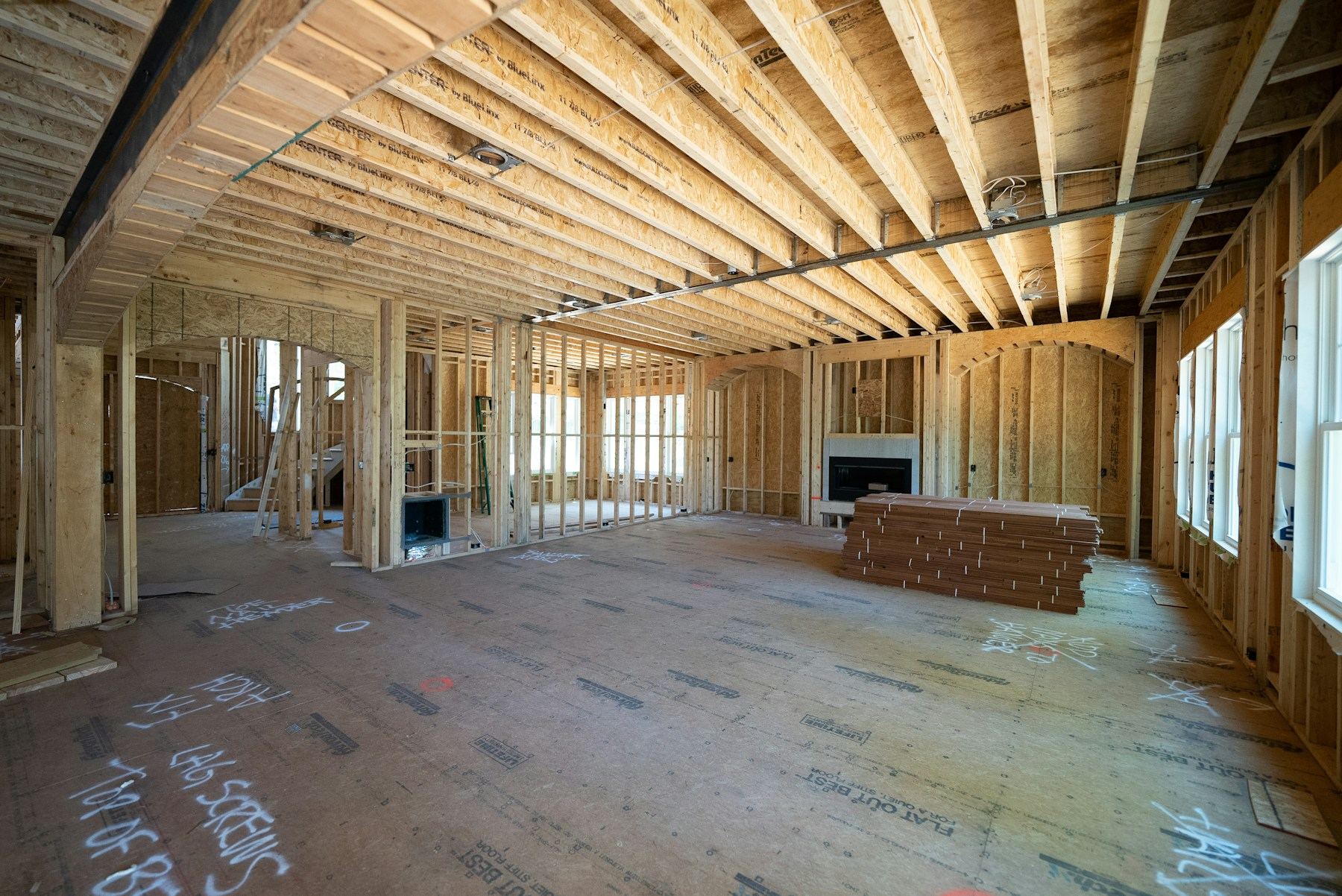 Interior framing of a large custom home under construction