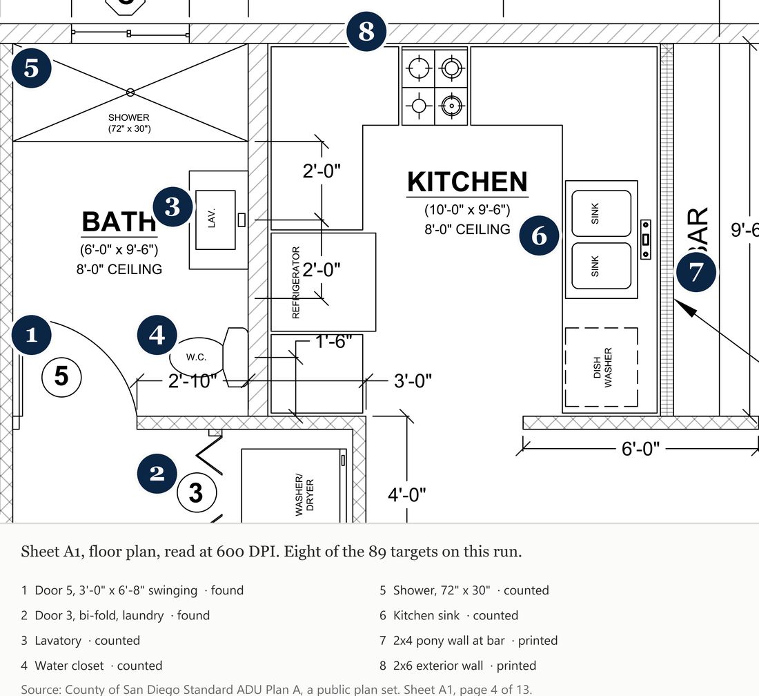 A close-up tile of the Plan A floor plan with numbered circles marking targets